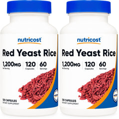 Nutricost Red Yeast Rice bottle shows 1200mg per serving and veggie capsules.
