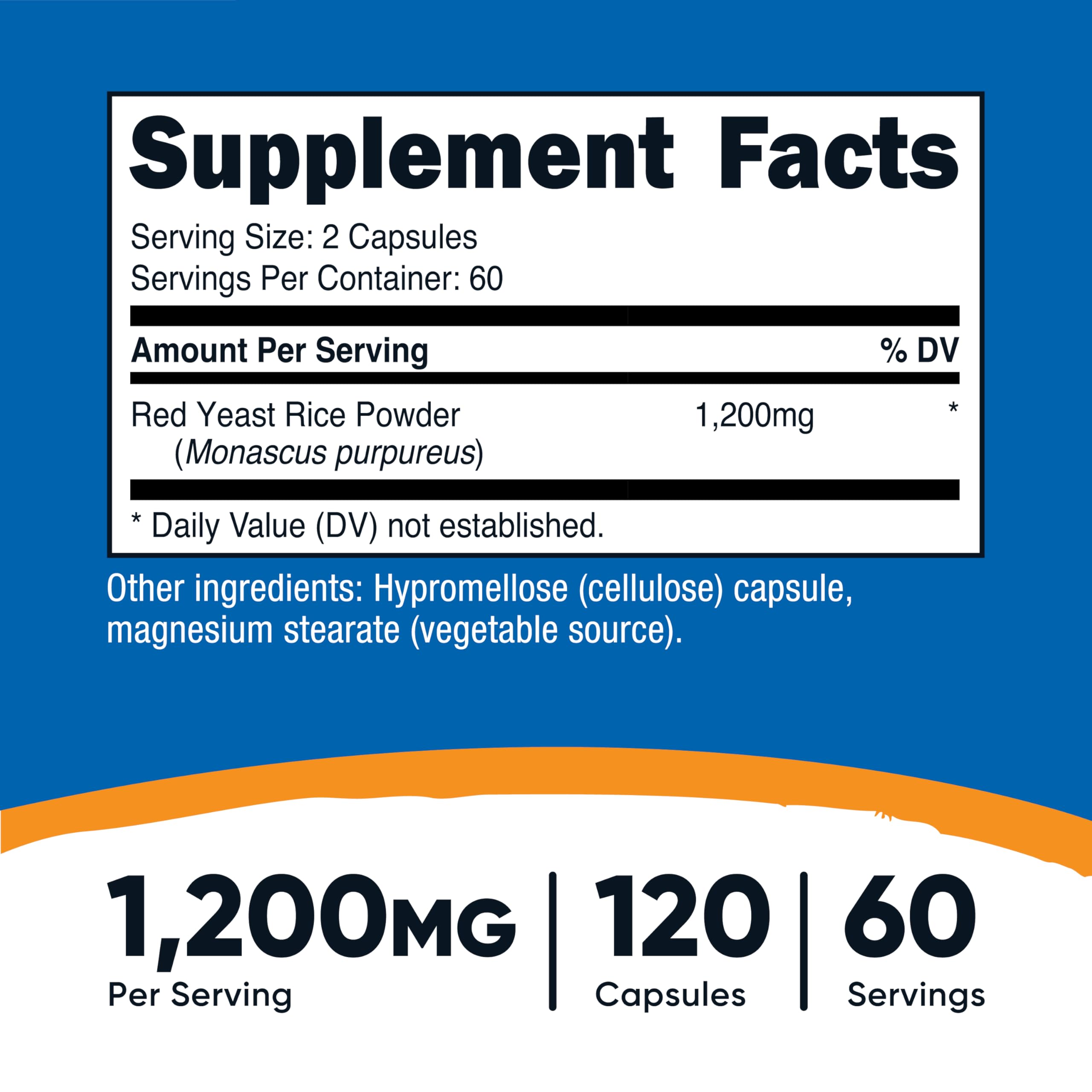 Close-up of Nutricost Red Yeast Rice 1200mg capsules highlighting vegetarian-friendly format.