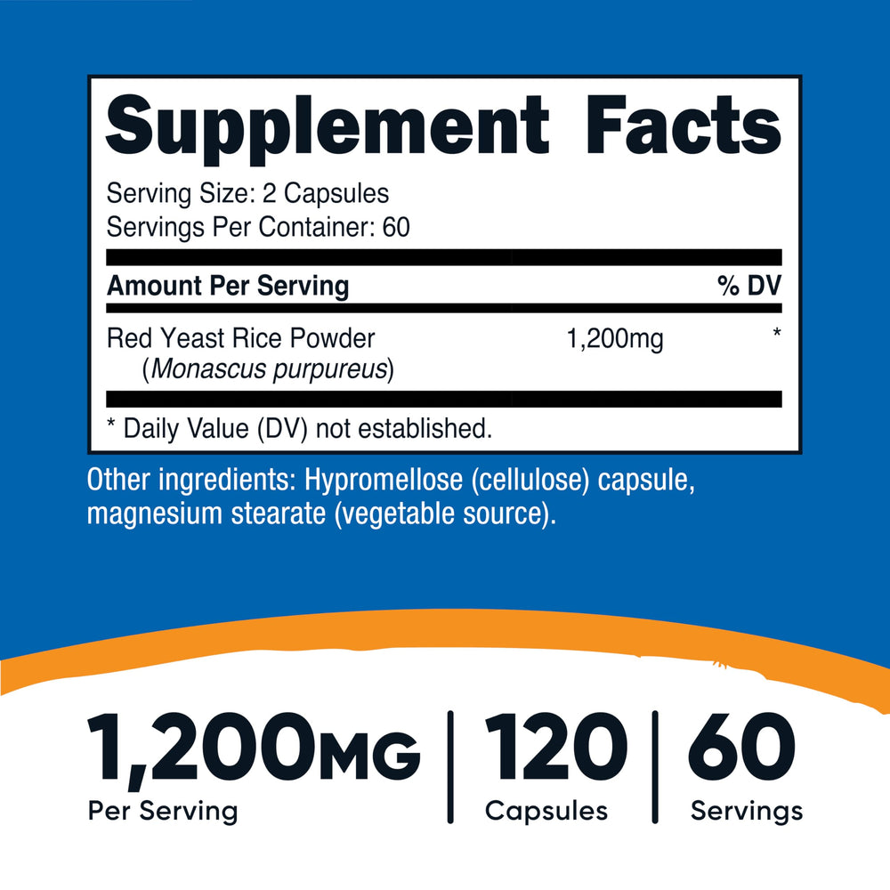 Close-up of Nutricost Red Yeast Rice 1200mg capsules highlighting vegetarian-friendly format.