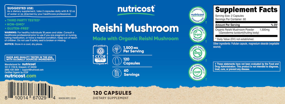 Nutricost Reishi bottle in hand, ready for easy daily use.