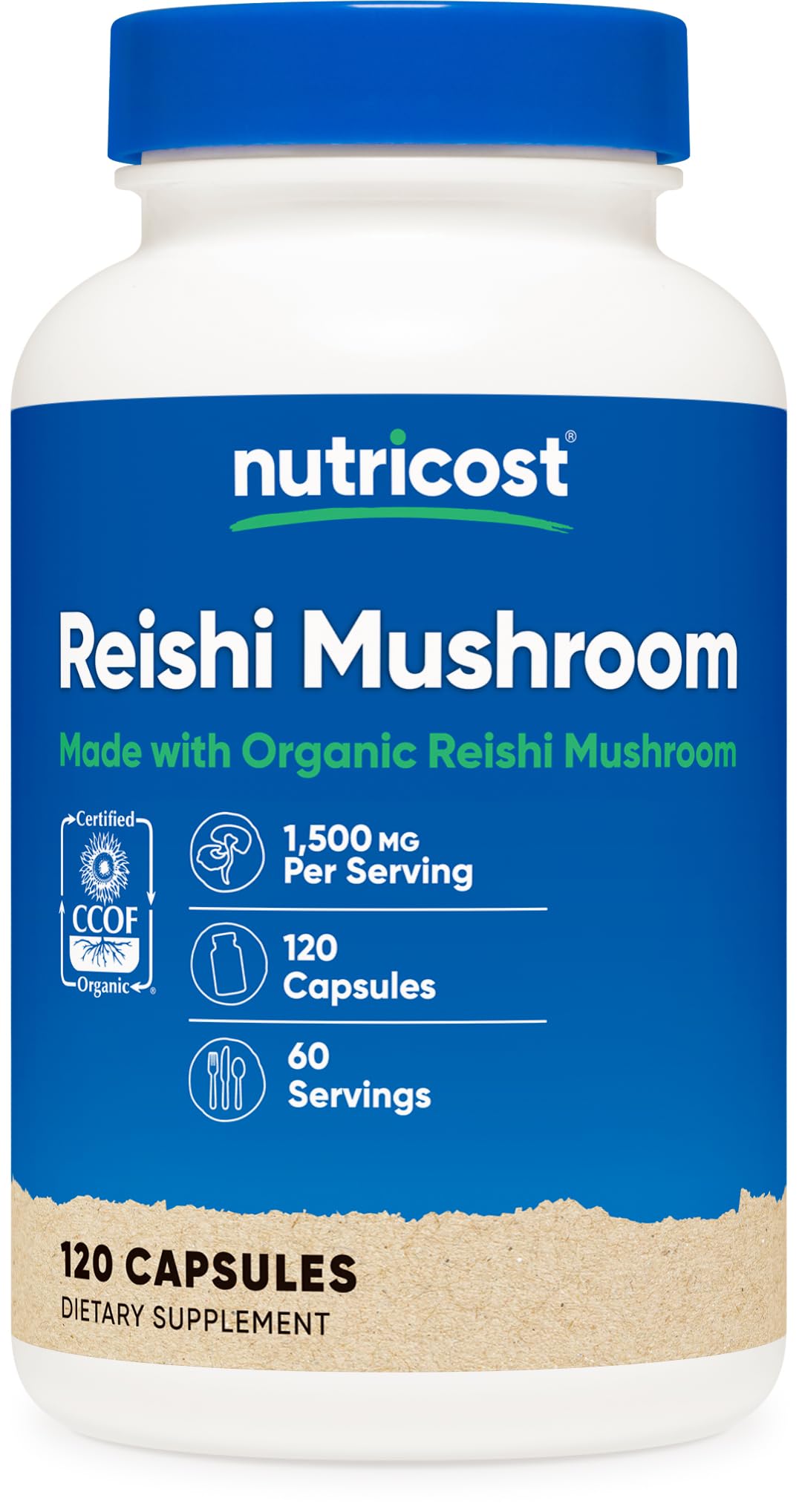 Nutricost Reishi bottle with organic certification, highlighting organic quality for daily use.
