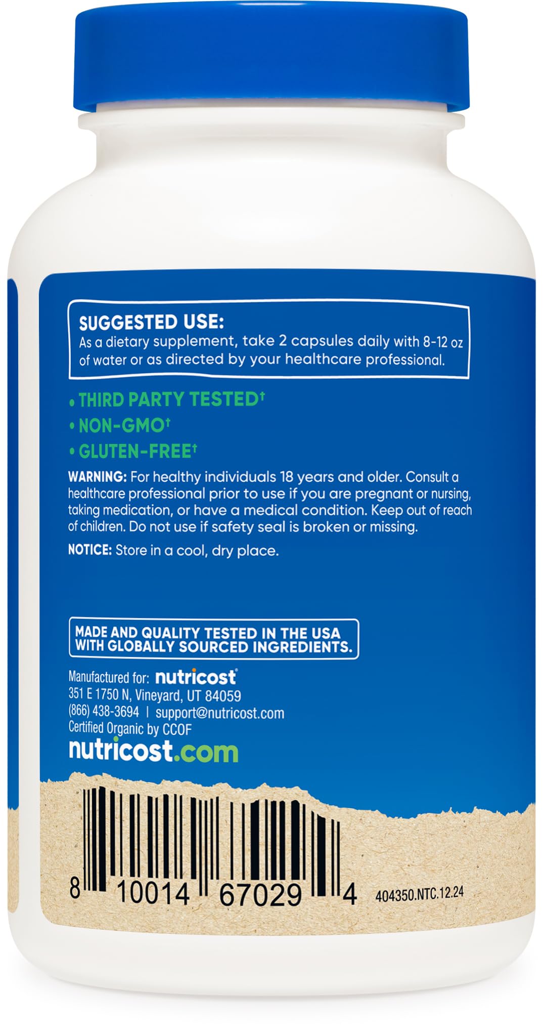 Nutricost Reishi ingredient panel highlighting organic, non-GMO features.