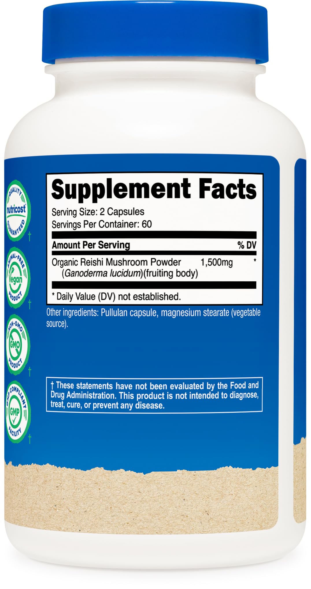 Nutricost Reishi label with certifications, ensuring quality and purity.