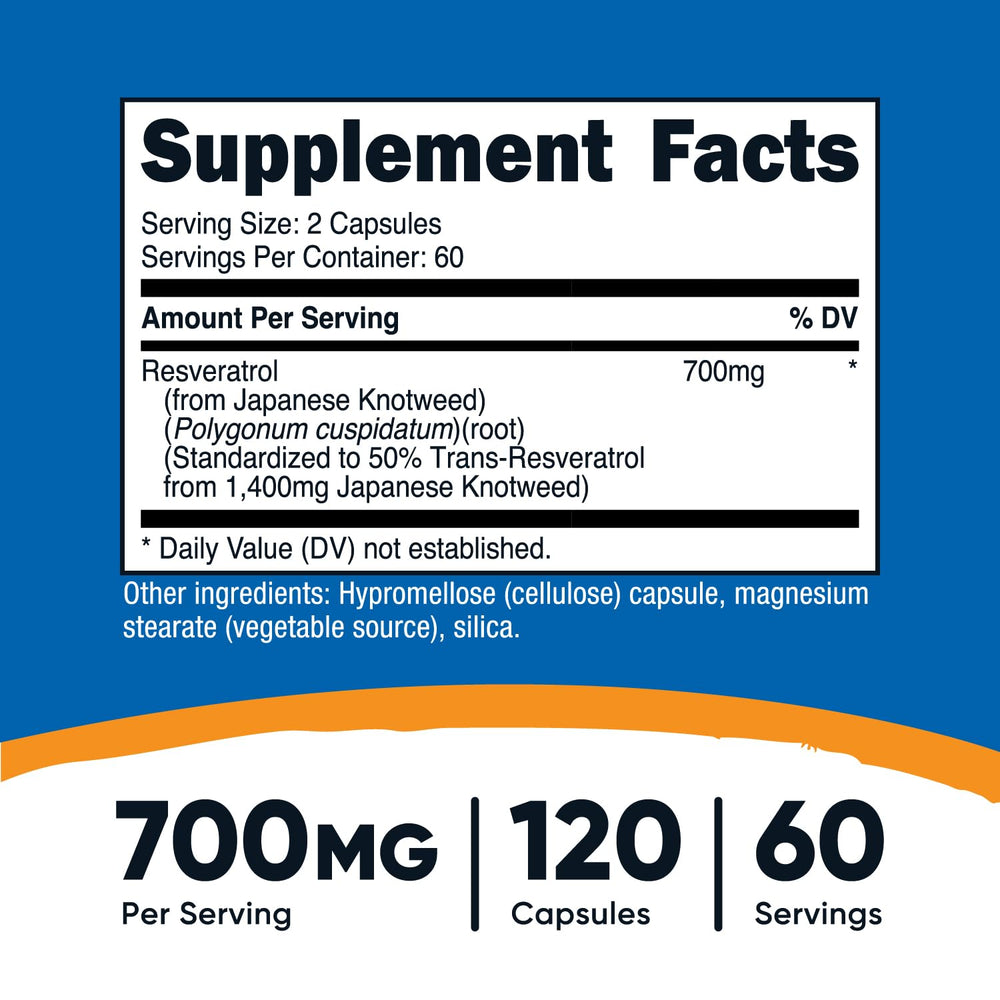 Nutricost Resveratrol 700mg capsules closeup showing vegan capsules and dosage