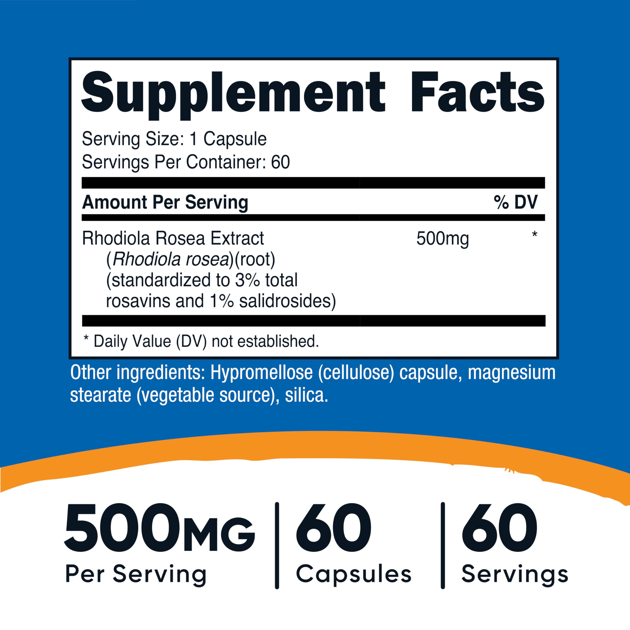 Close-up of Nutricost Rhodiola Rosea capsules showing 500 mg extract