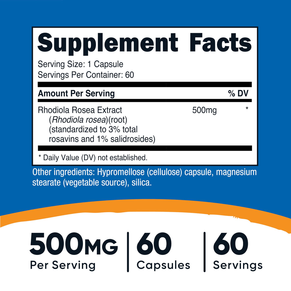 Close-up of Nutricost Rhodiola Rosea capsules showing 500 mg extract