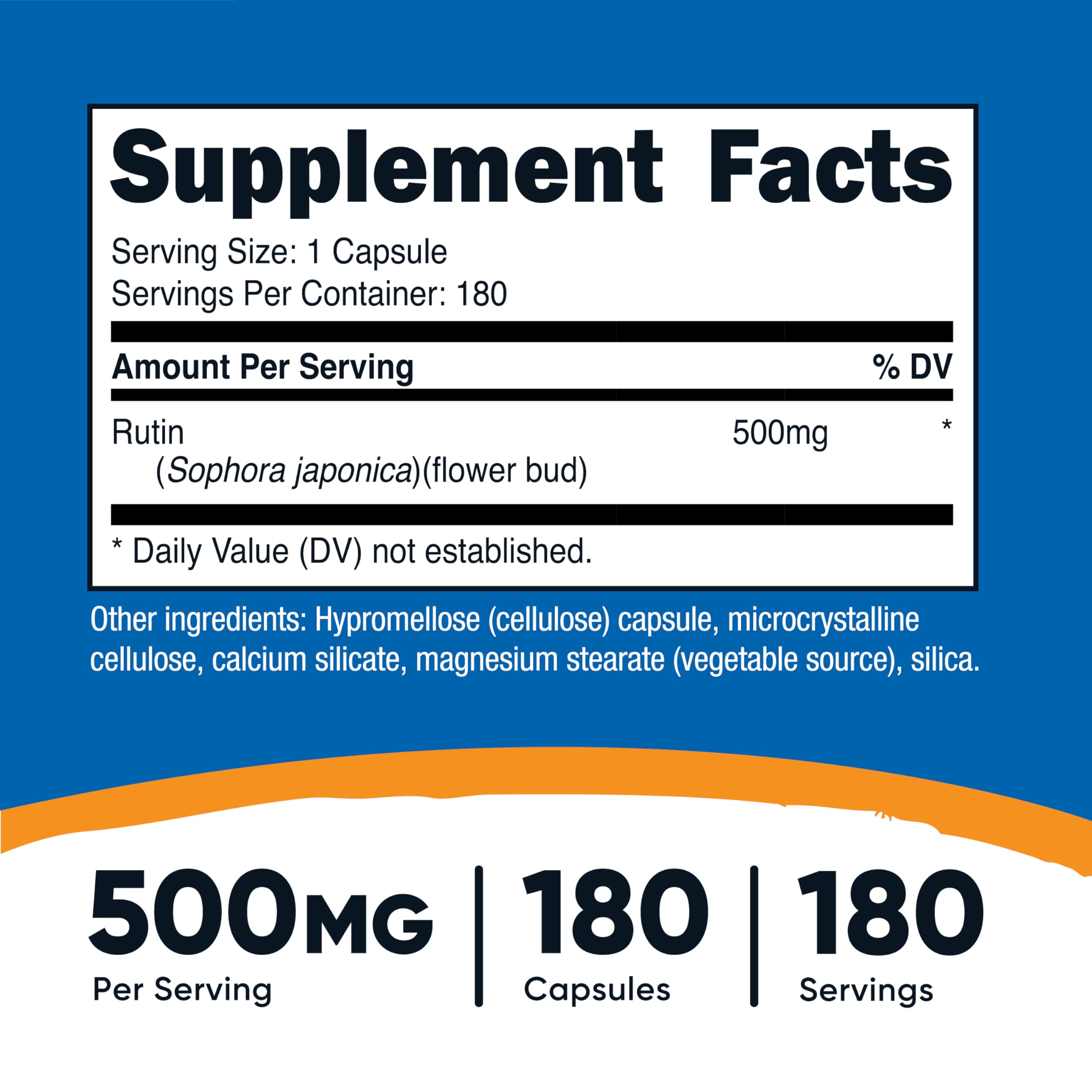 Close-up of Nutricost Rutin 500mg capsules highlighting vegetarian-friendly formula.