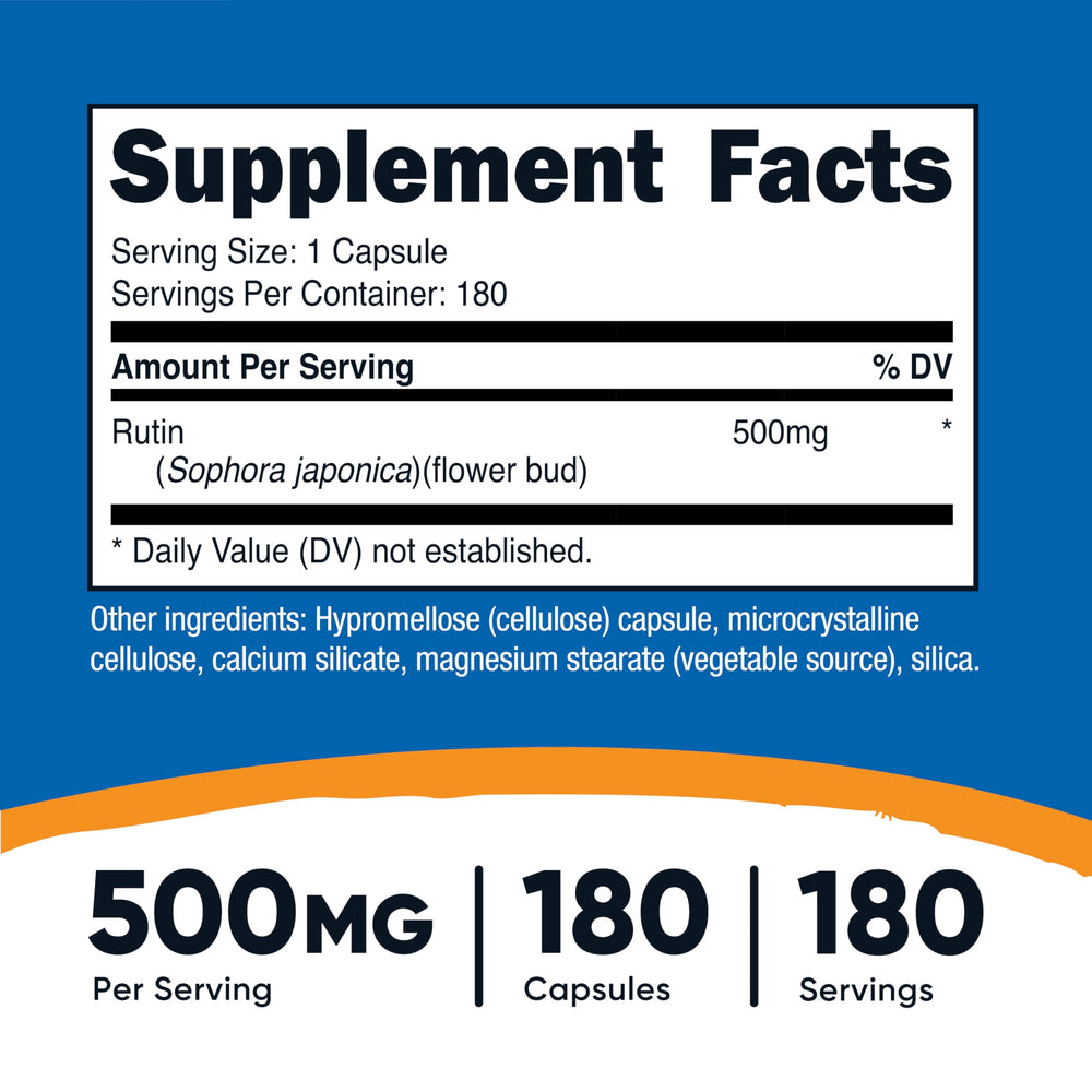 Close-up of Nutricost Rutin 500mg capsules highlighting vegetarian-friendly formula.