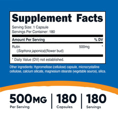 Close-up of Nutricost Rutin 500mg capsules highlighting vegetarian-friendly formula.