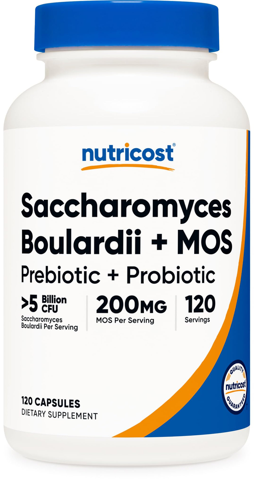 Nutricost Saccharomyces boulardii MOS bottle supports daily digestive balance.