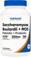Nutricost Saccharomyces boulardii MOS bottle supports daily digestive balance.