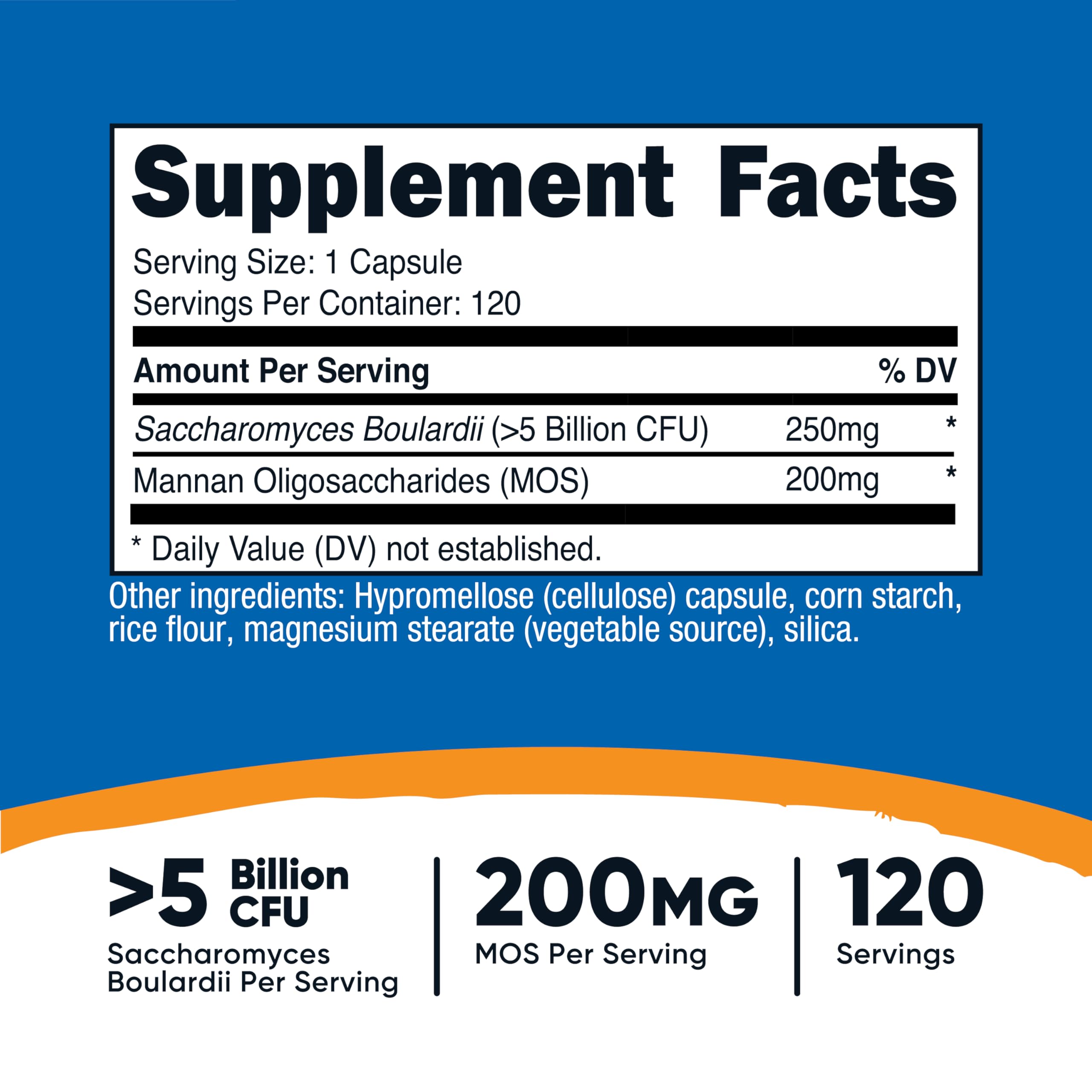 Nutricost Saccharomyces boulardii MOS label highlights per-serving potency.