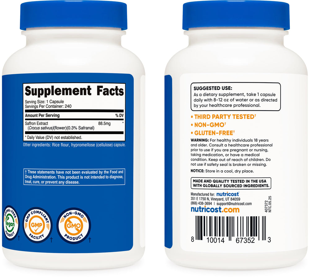 Nutricost saffron bottle on desk for a compact, everyday routine