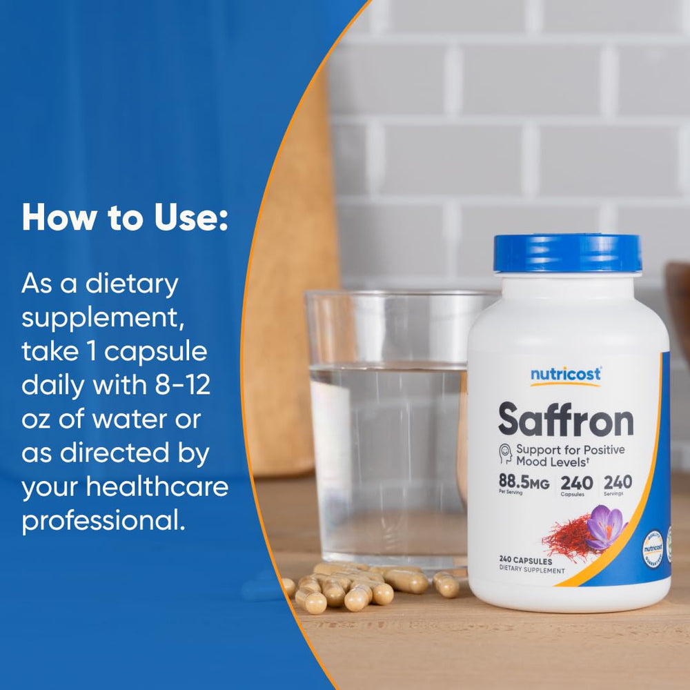 Nutricost saffron extract daily-use setup with water glass