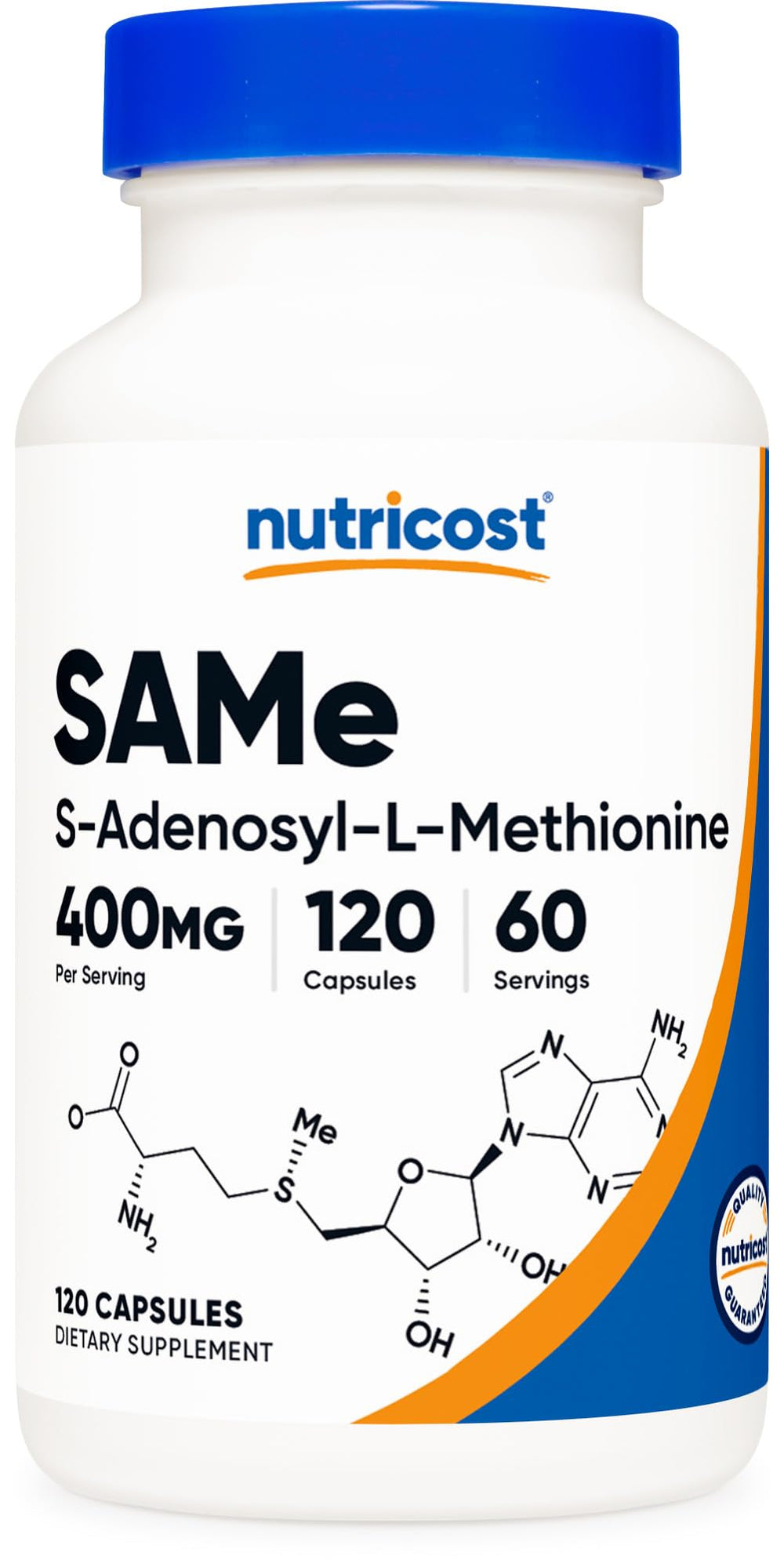 Nutricost SAM-e bottle front showing 400mg per serving for daily wellness support