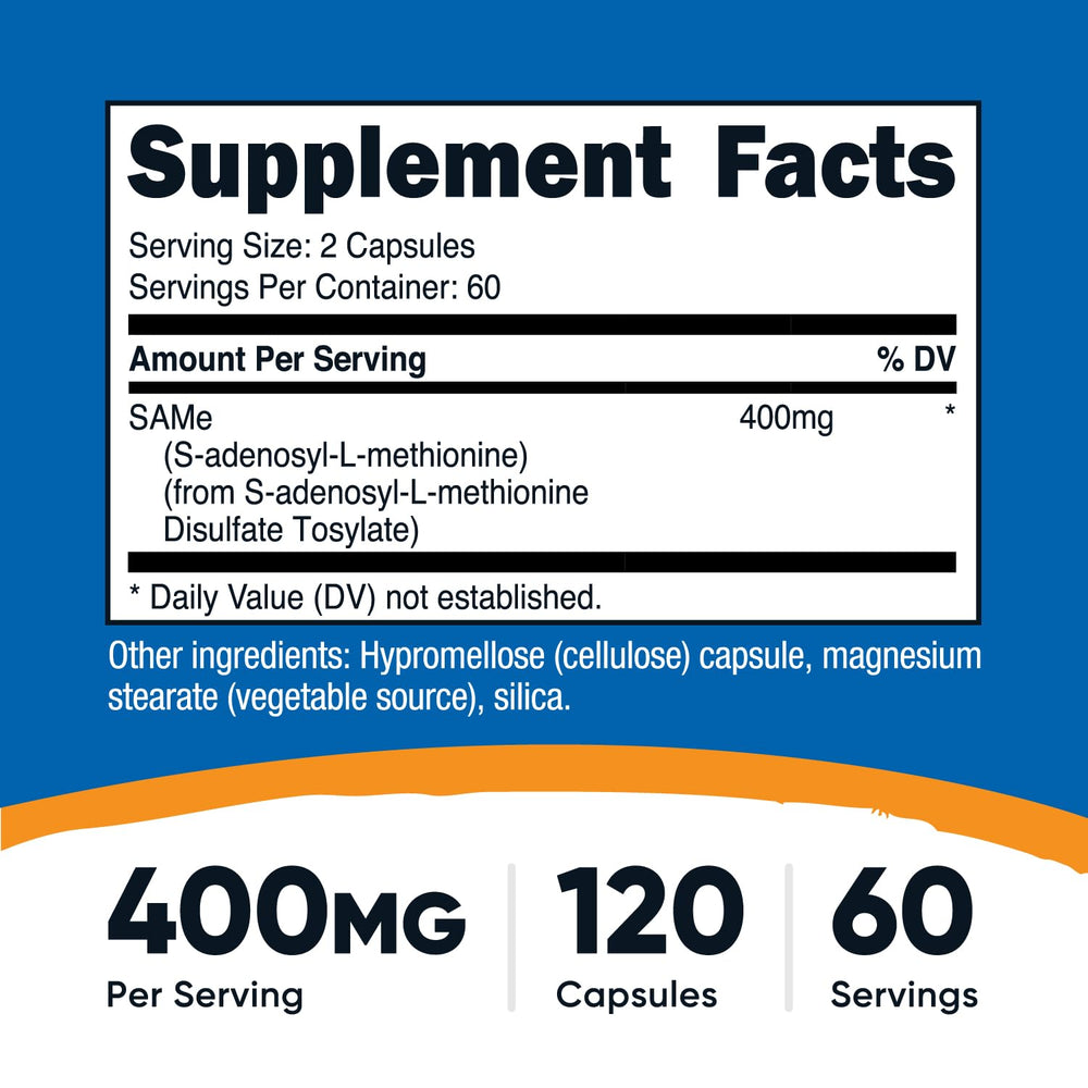 Nutricost SAM-e capsules closeup highlighting veggie capsules for vegetarian-friendly supplementation