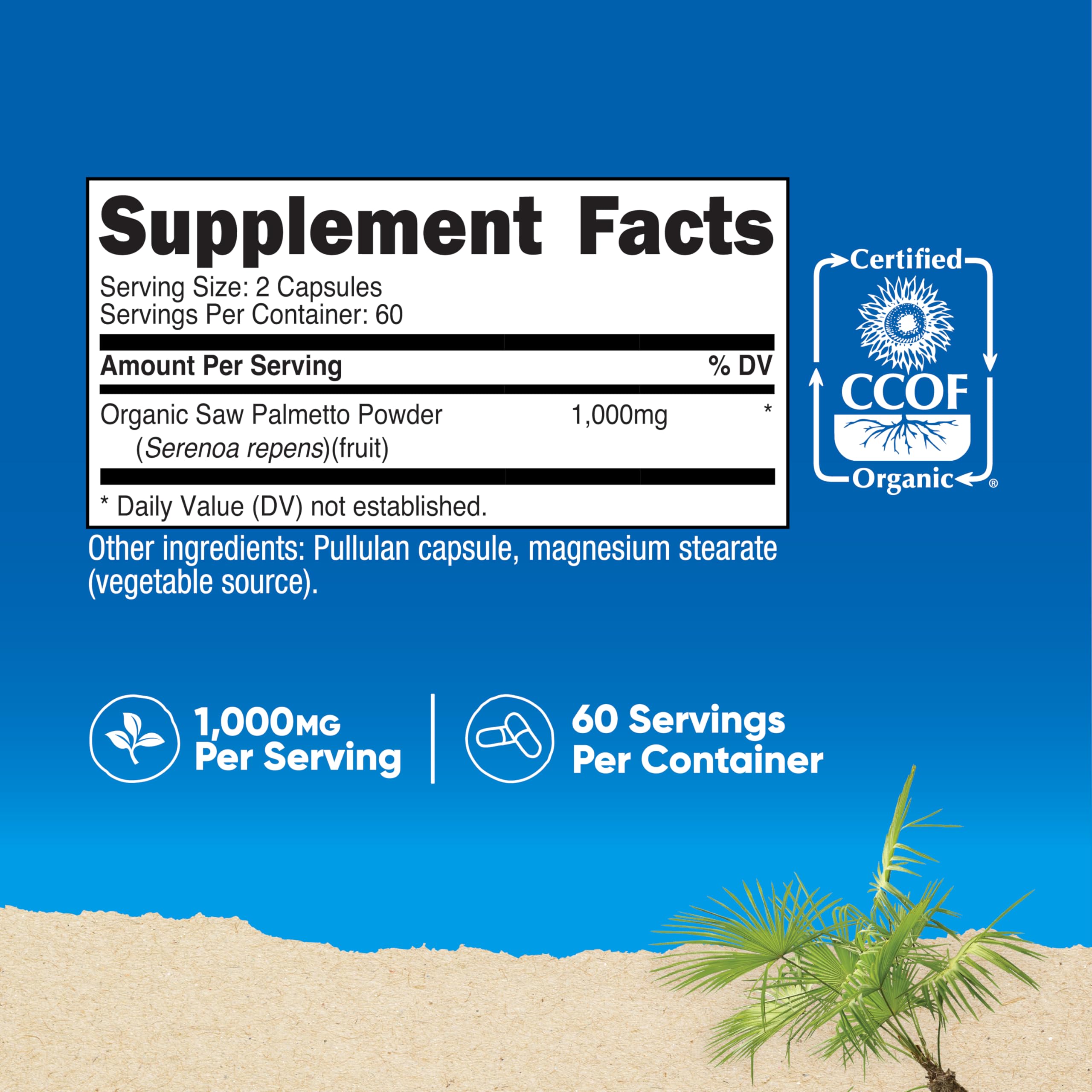 Clear label on Nutricost Saw Palmetto bottle showing organic certification and serving size.