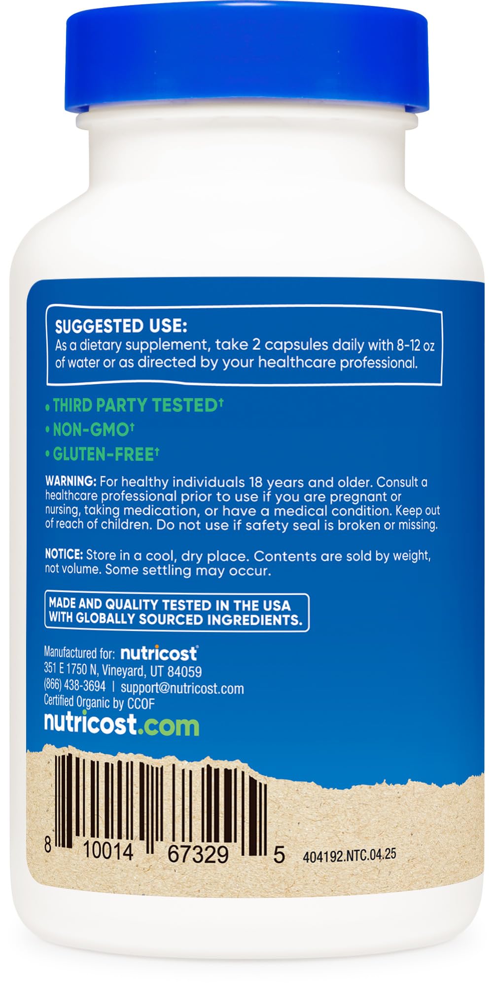 CCOF organic certification seal on Nutricost Saw Palmetto product.