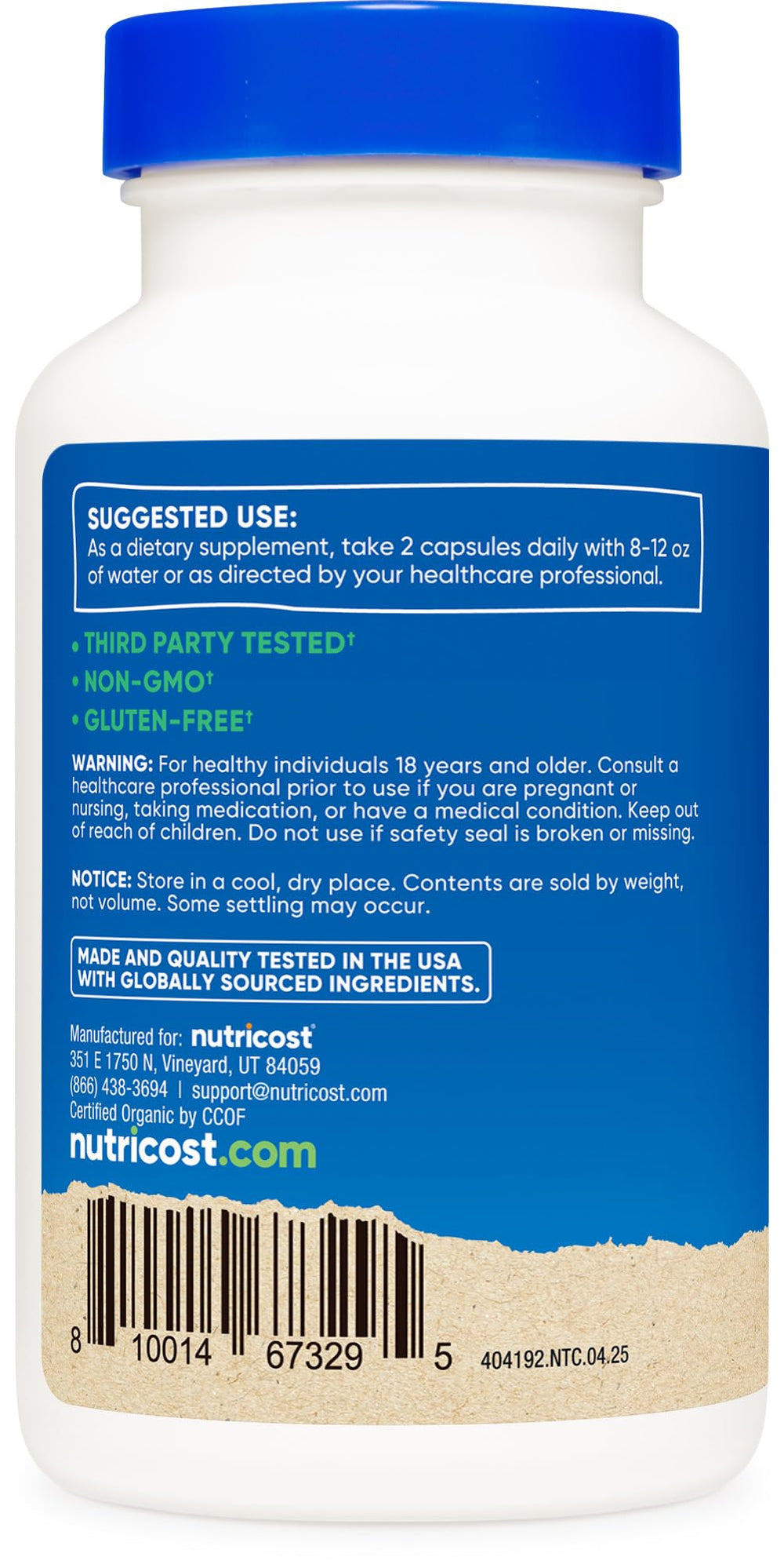 CCOF organic certification seal on Nutricost Saw Palmetto product.