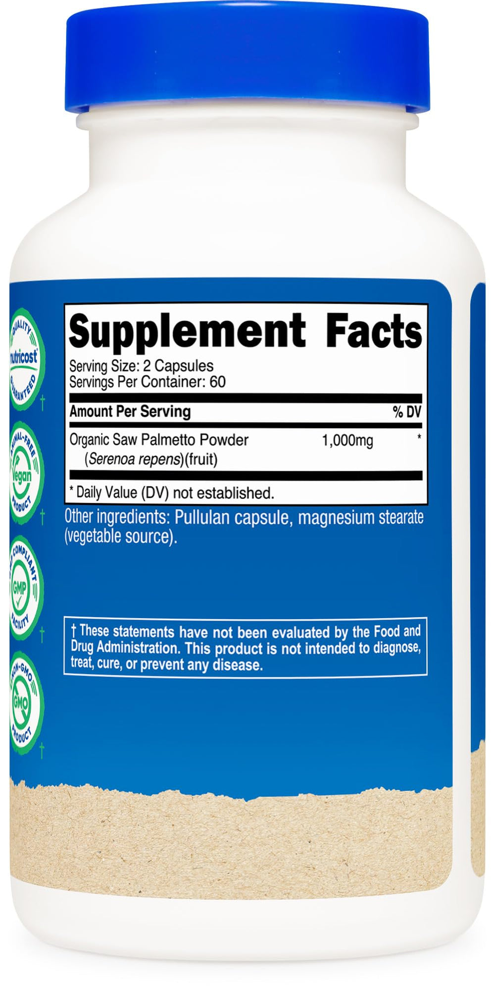 Back packaging of Nutricost Saw Palmetto listing gluten-free and vegetarian friendly notes.