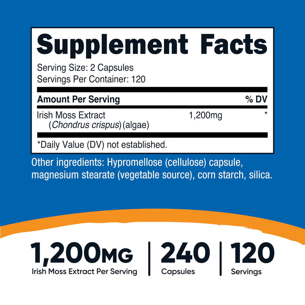 Nutricost sea moss capsules bottle closeup highlighting potent 1200mg serving size.