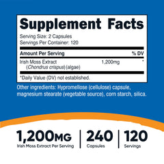 Nutricost sea moss capsules bottle closeup highlighting potent 1200mg serving size.