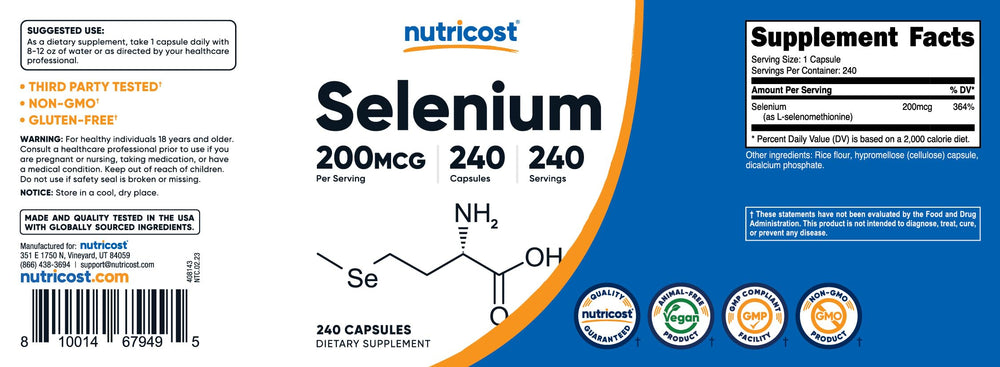 Nutricost Selenium bottle with nutrition facts for informed choices.