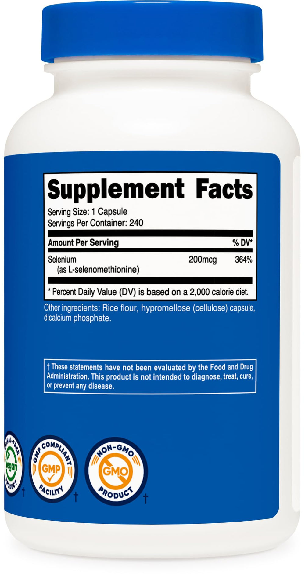 Nutricost Selenium packaging highlighting non-GMO and gluten-free features.