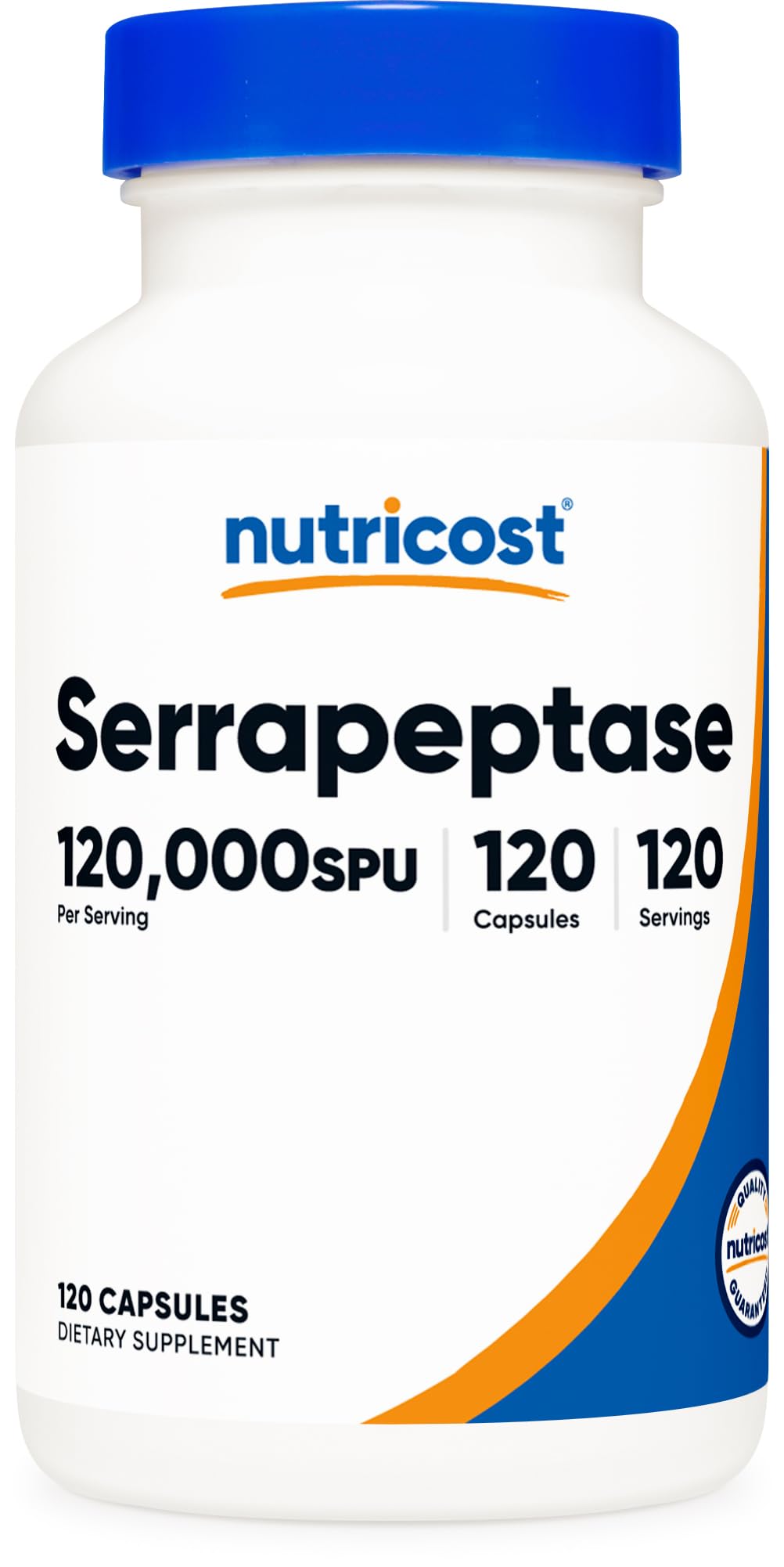 Nutricost Serrapeptase bottle front shows gluten-free, non-GMO, vegetarian-friendly labeling.