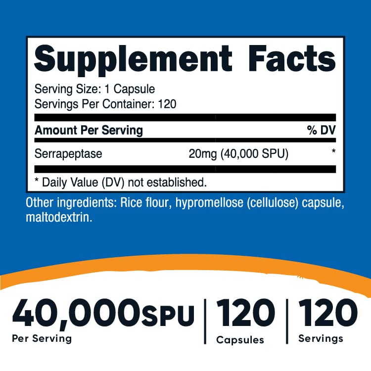 Nutricost Serrapeptase bottle side-label showing gluten-free and non-GMO assurances