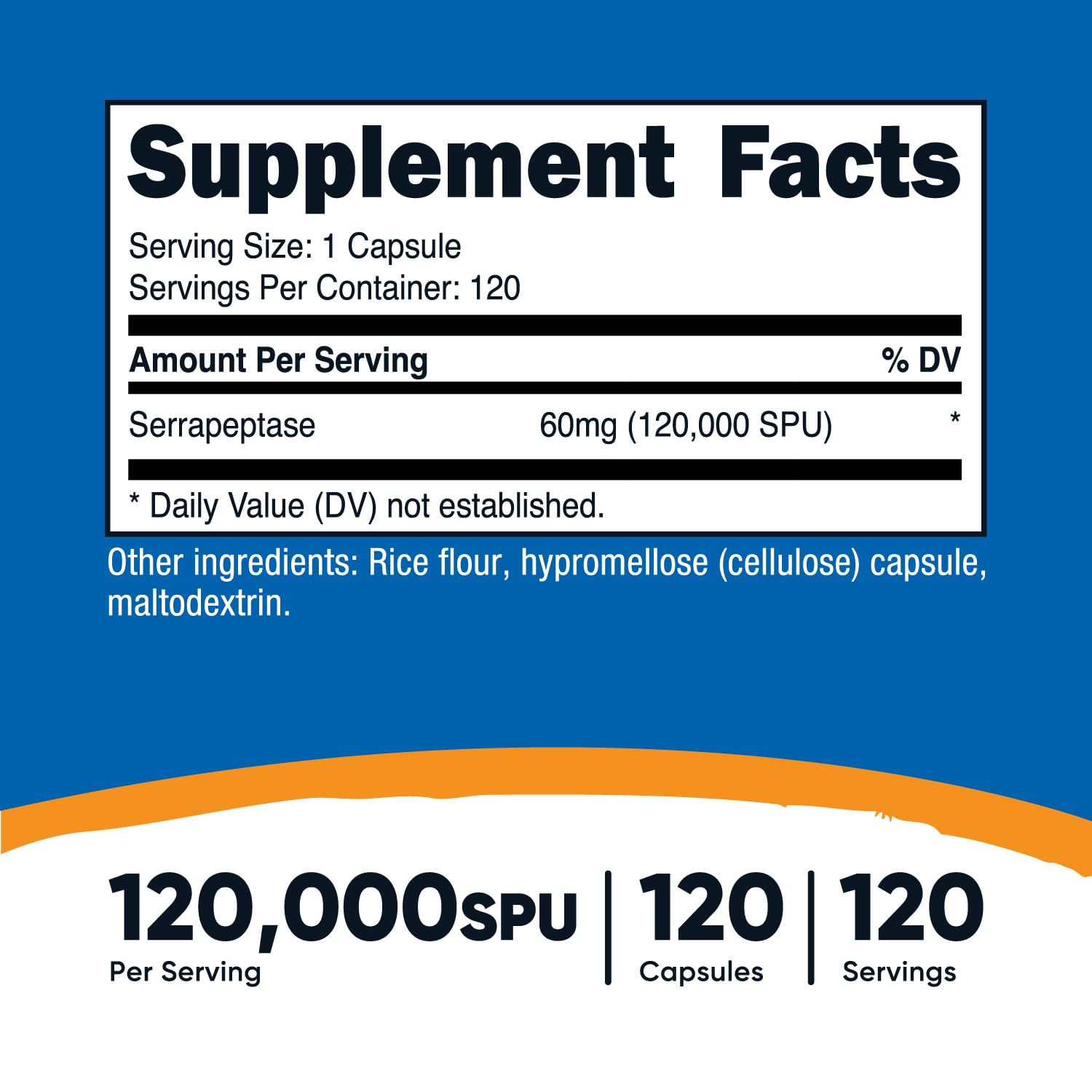 Closeup of Nutricost Serrapeptase capsules highlighting 120,000 SPU per capsule.