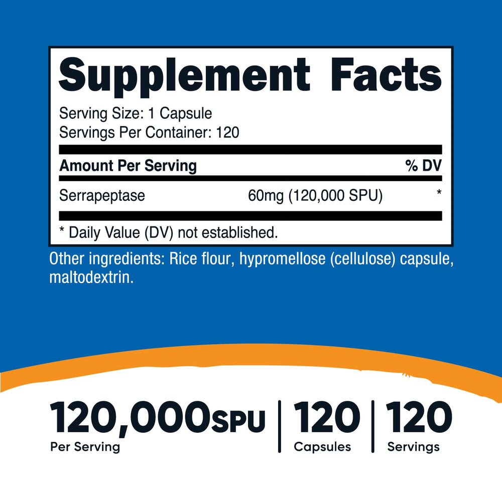 Closeup of Nutricost Serrapeptase capsules highlighting 120,000 SPU per capsule.