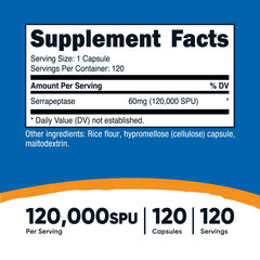Closeup of Nutricost Serrapeptase capsules highlighting 120,000 SPU per capsule.