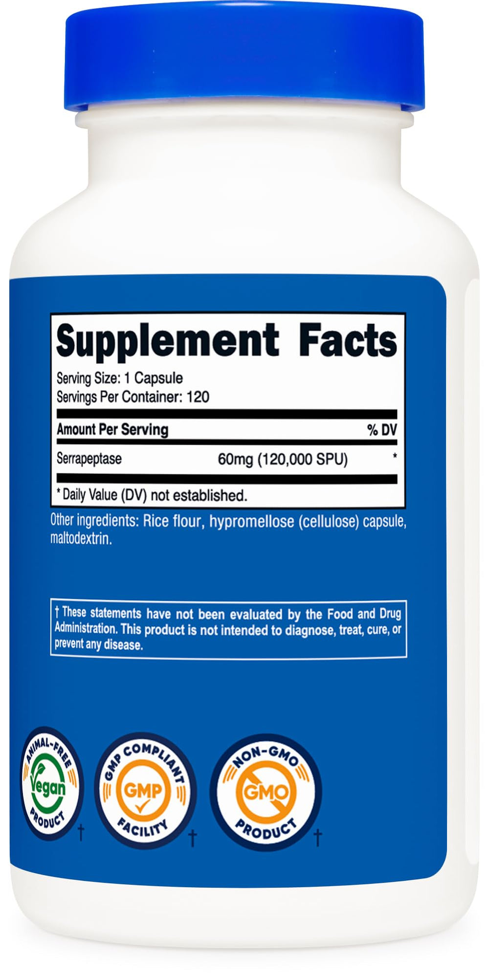 Nutricost Serrapeptase bottle label emphasizing gluten-free and vegetarian-friendly features.