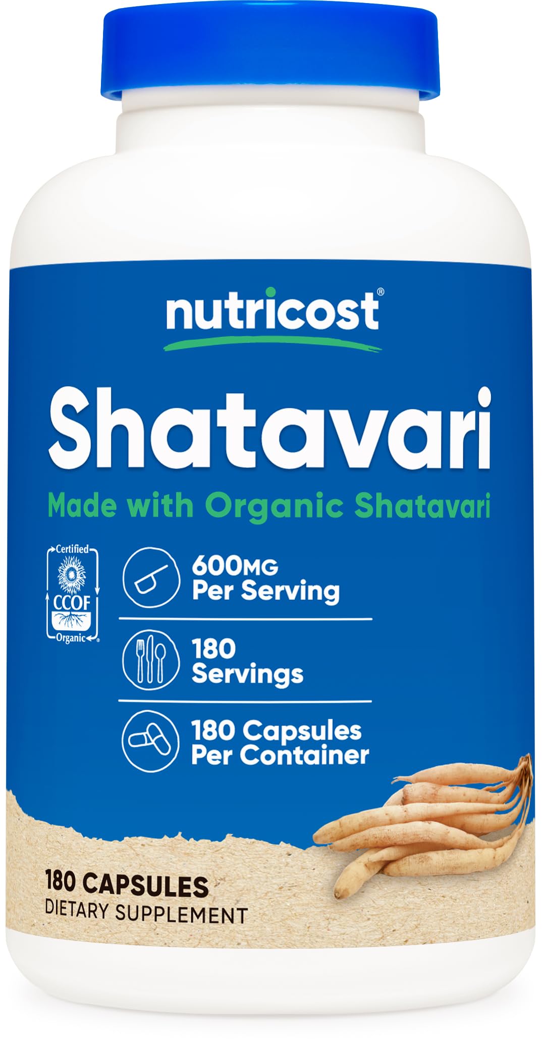 Nutricost Shatavari 600mg bottle with organic label for daily wellness.