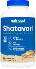 Nutricost Shatavari 600mg bottle with organic label for daily wellness.