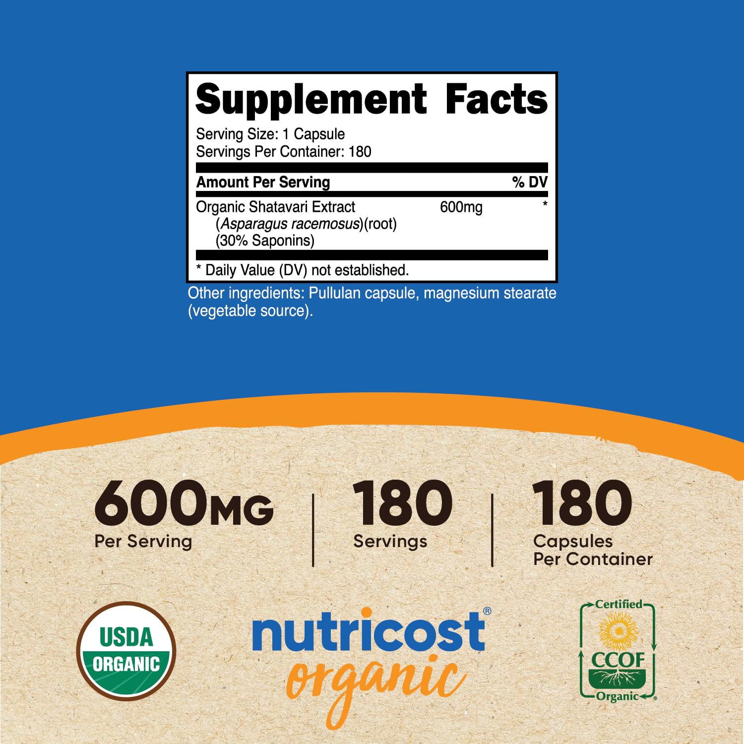 Nutricost Shatavari capsules close-up showing 600mg dosage.