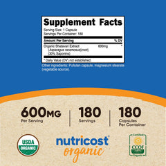 Nutricost Shatavari capsules close-up showing 600mg dosage.