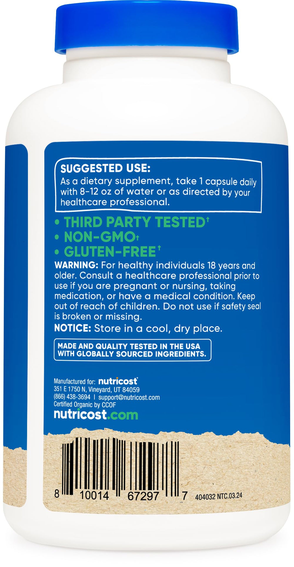 Nutricost Shatavari bottle with GMP and FDA quality marks for safety.