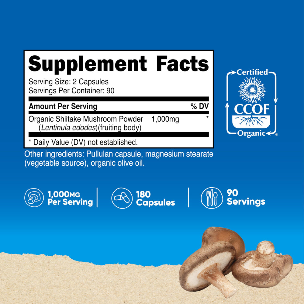 Nutricost Shiitake capsules pour demonstrates 500mg per capsule for easy daily dosing.