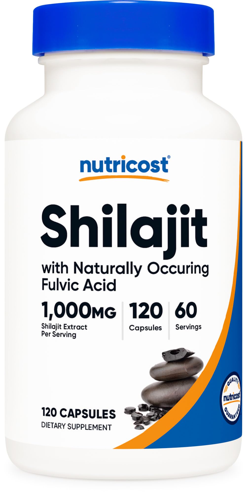 Nutricost Shilajit capsules bottle label highlights potency for daily wellness.