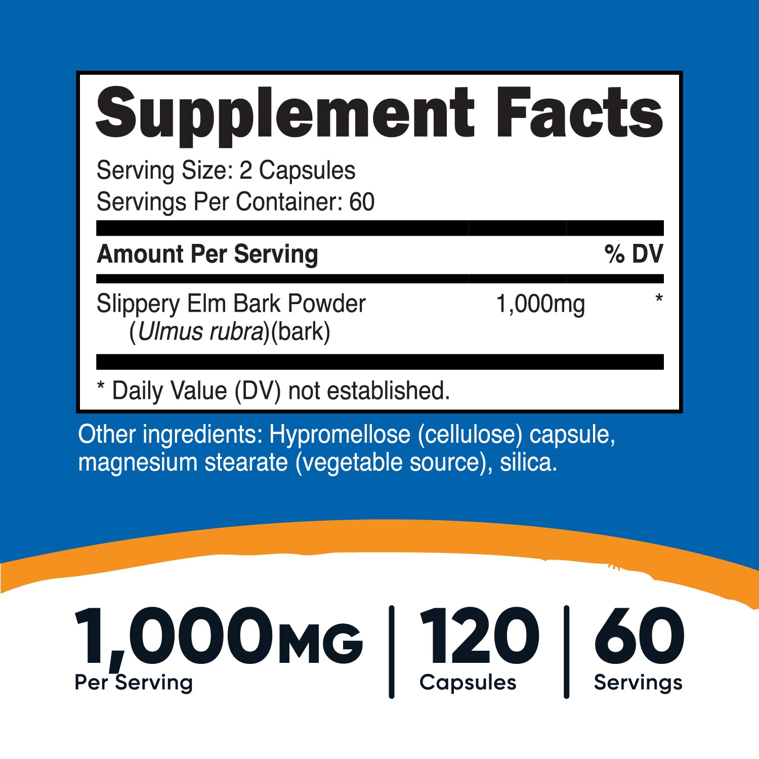Nutricost slippery elm bark capsules closeup highlights plant-based formulation.