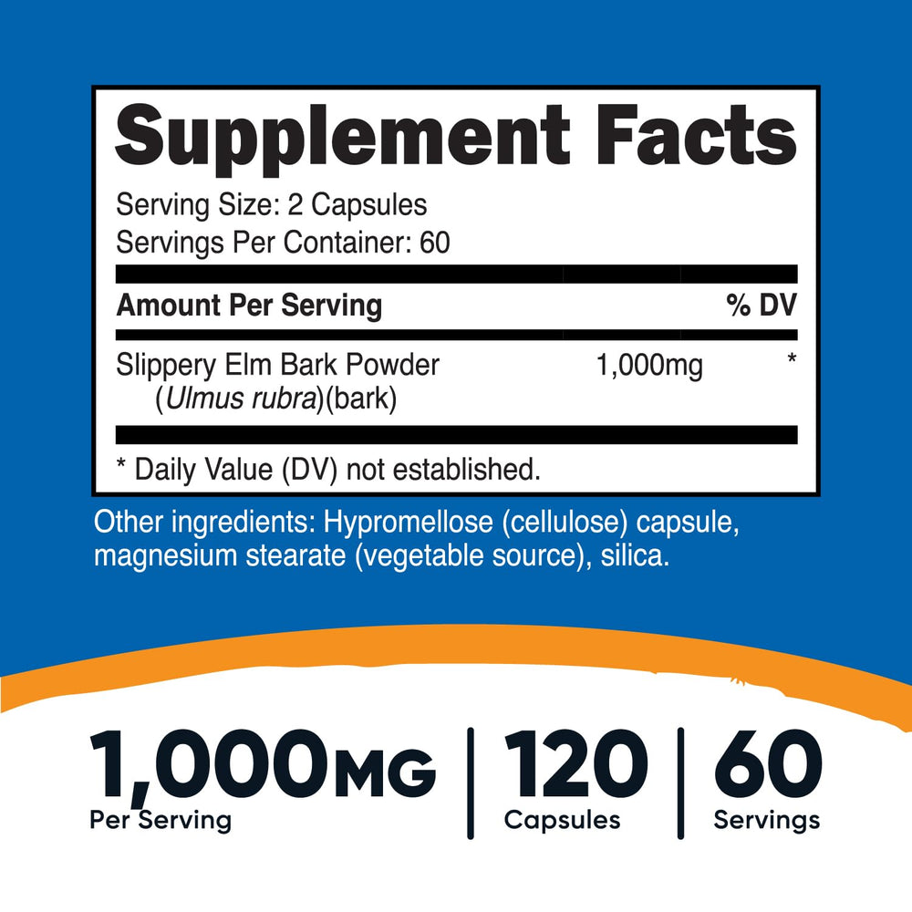 Nutricost slippery elm bark capsules closeup highlights plant-based formulation.