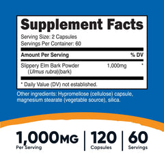 Nutricost slippery elm bark capsules closeup highlights plant-based formulation.