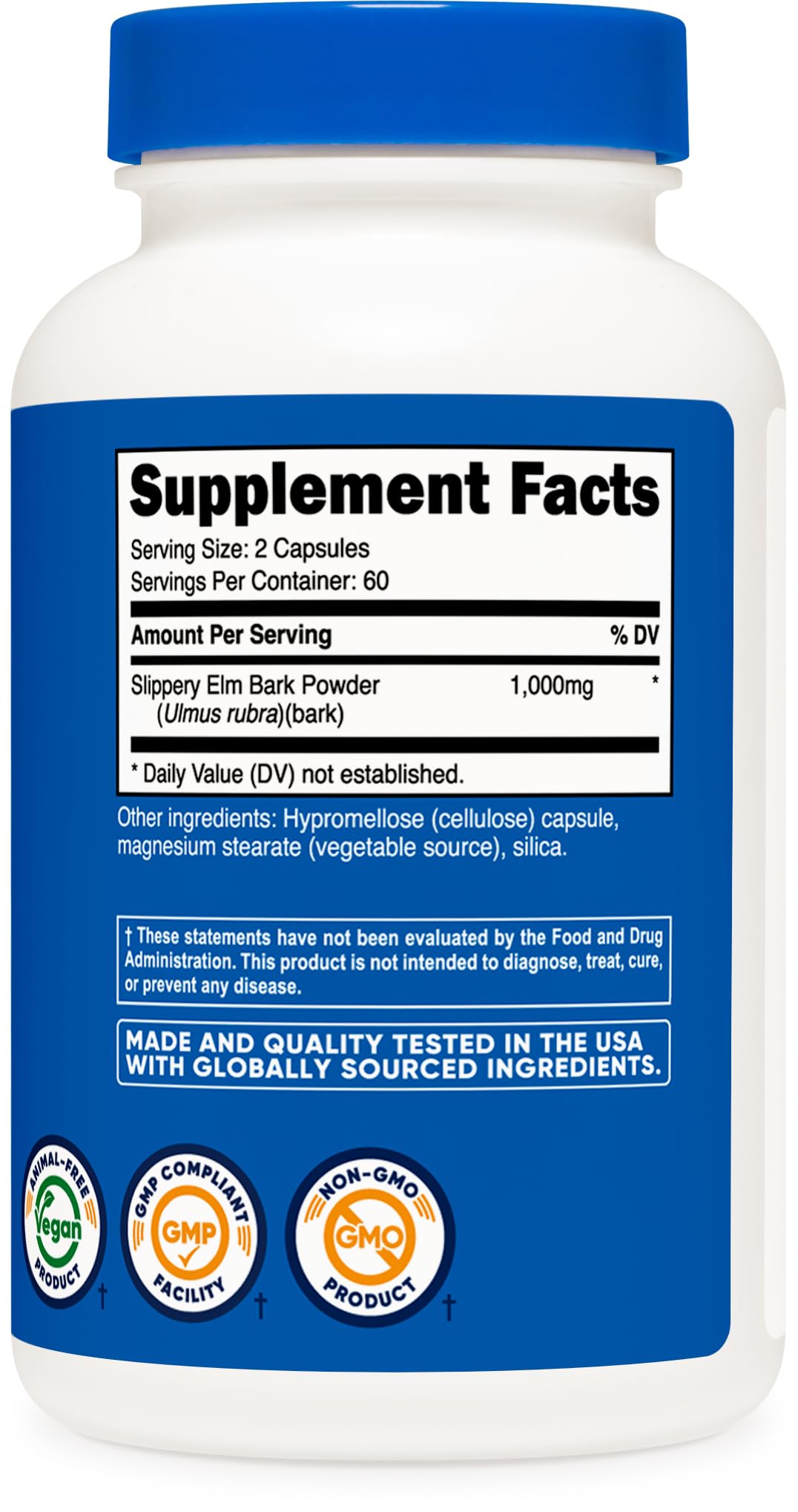 Nutricost slippery elm bark capsules label features GMP facility information.