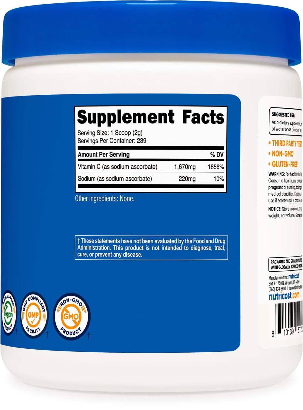 Nutricost sodium ascorbate label shows NSF, GMP, and FDA registrations for quality.