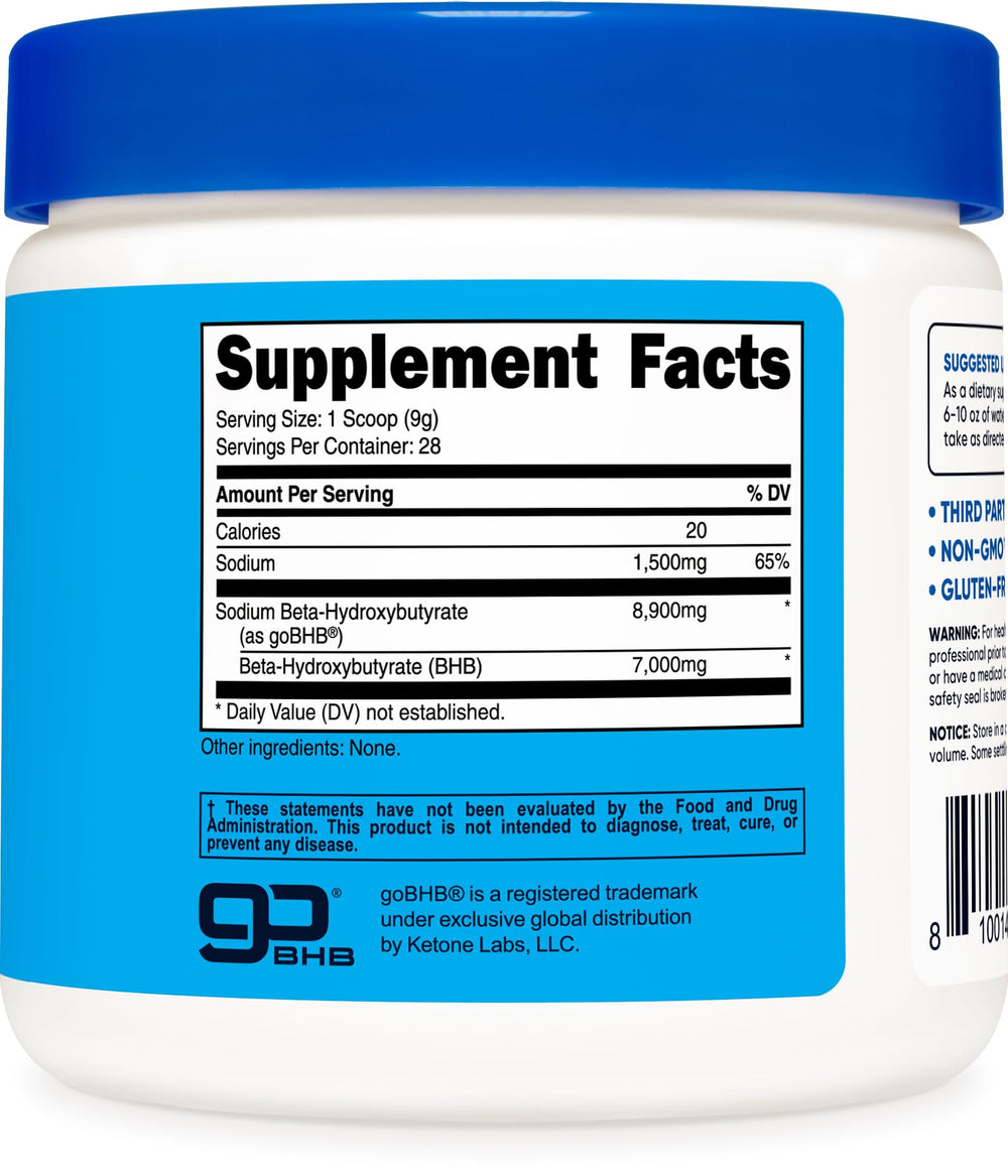 Nutricost Sodium BHB label close-up highlighting premium quality.