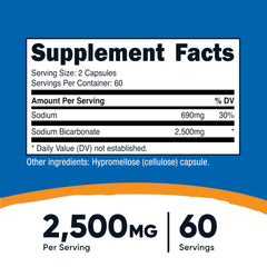 Nutricost Sodium Bicarbonate capsules close-up showing 2500 mg per serving