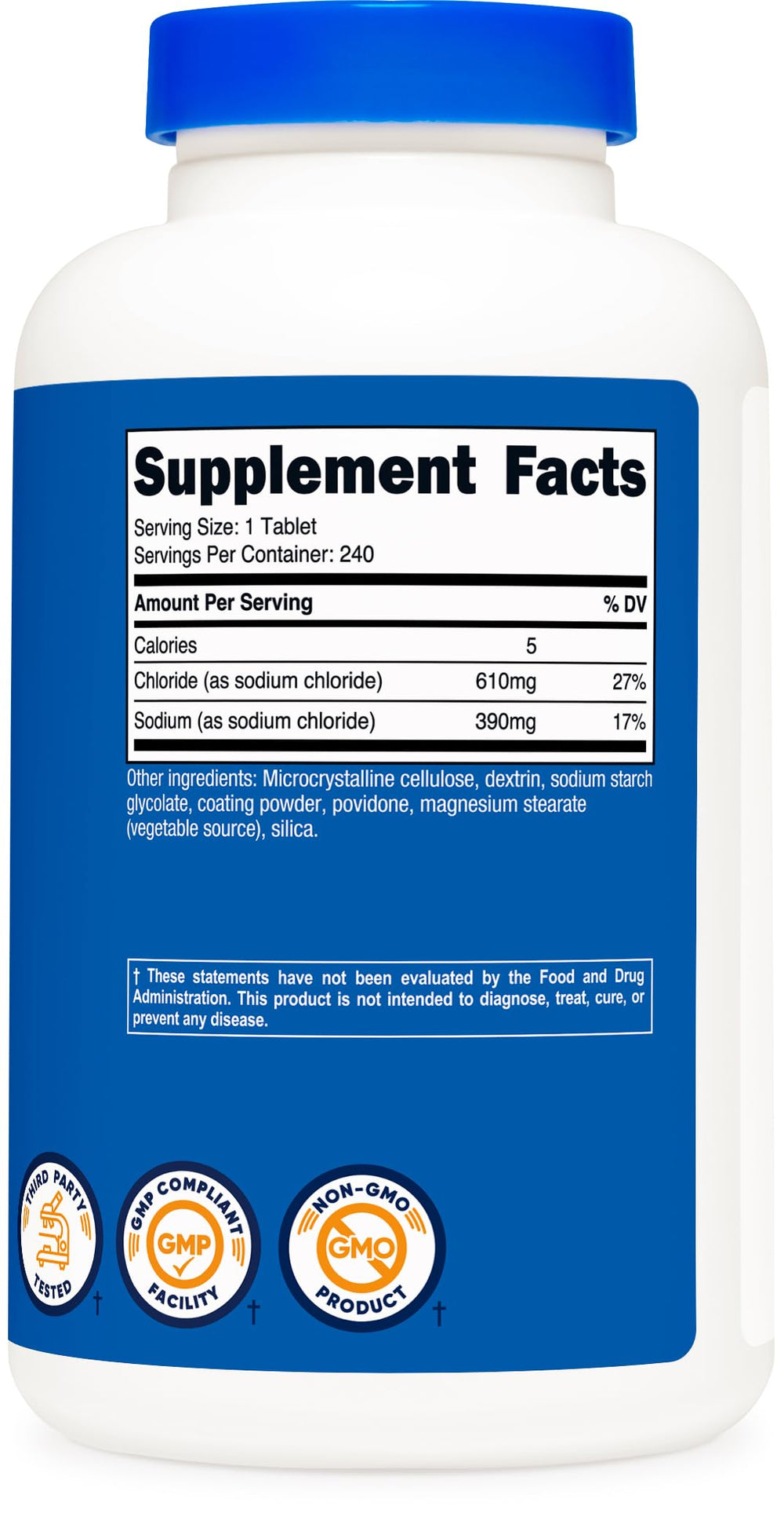 Nutricost Sodium Chloride packaging displays resealable bottle for easy storage.