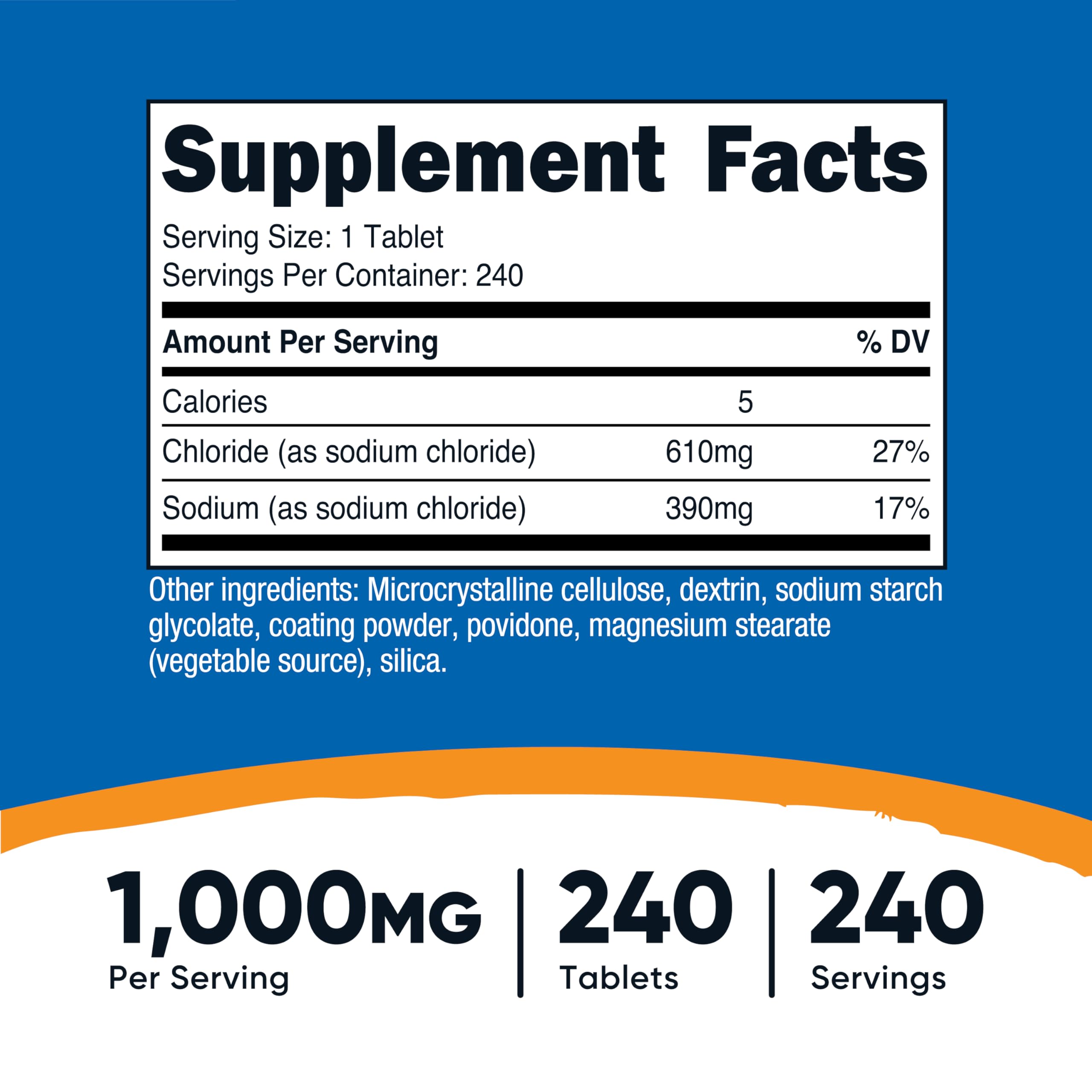 Nutricost Sodium Chloride tablets close-up highlighting 1,000 mg per tablet.